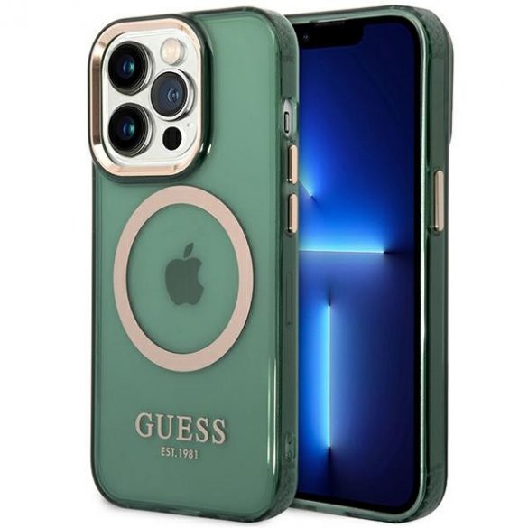 Husă rigidă Guess GUHMP14LHTCMA iPhone 14 Pro 6.1 zielony/kaki Gold Outline Translucent MagSafe"