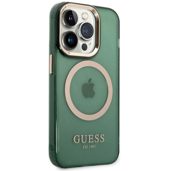 Husă rigidă Guess GUHMP14LHTCMA iPhone 14 Pro 6.1 zielony/kaki Gold Outline Translucent MagSafe"