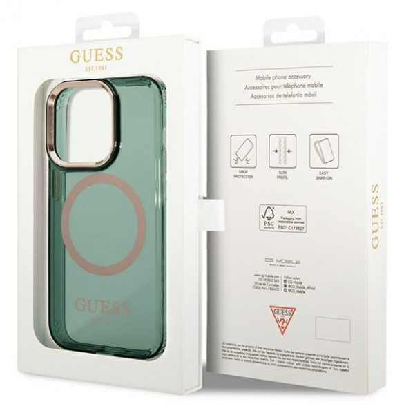 Husă rigidă Guess GUHMP14LHTCMA iPhone 14 Pro 6.1 zielony/kaki Gold Outline Translucent MagSafe"