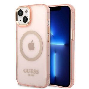 Guess GUHMP14SHTCMP Husă rigidă pentru iPhone 14 / 15 / 13 de 6,1" różowy/roz Gold Outline Translucent MagSafe