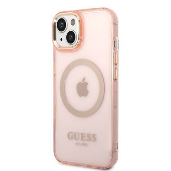 Guess GUHMP14SHTCMP Husă rigidă pentru iPhone 14 / 15 / 13 de 6,1" różowy/roz Gold Outline Translucent MagSafe