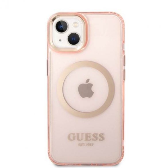 Guess GUHMP14SHTCMP Husă rigidă pentru iPhone 14 / 15 / 13 de 6,1" różowy/roz Gold Outline Translucent MagSafe