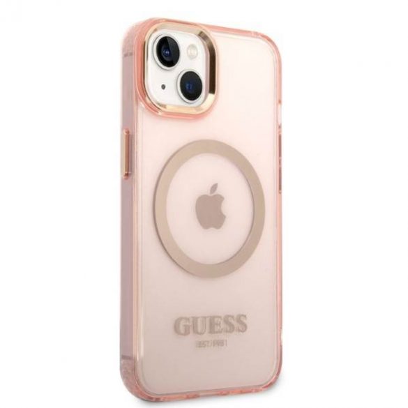 Guess GUHMP14SHTCMP Husă rigidă pentru iPhone 14 / 15 / 13 de 6,1" różowy/roz Gold Outline Translucent MagSafe