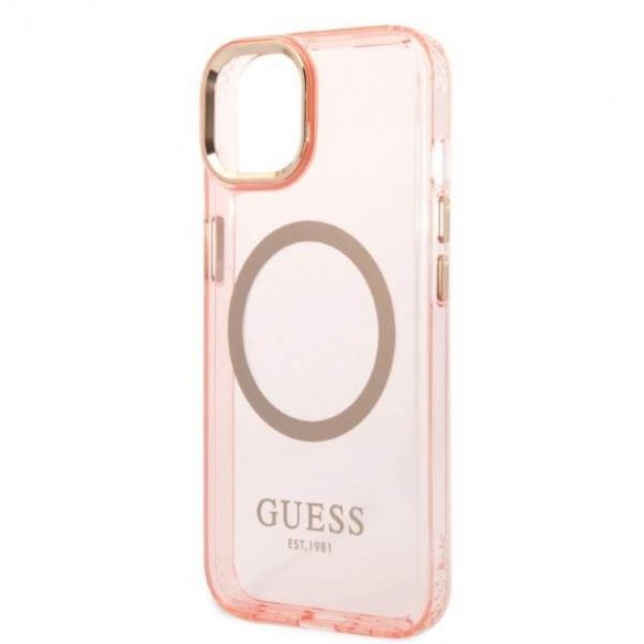 Guess GUHMP14SHTCMP Husă rigidă pentru iPhone 14 / 15 / 13 de 6,1" różowy/roz Gold Outline Translucent MagSafe