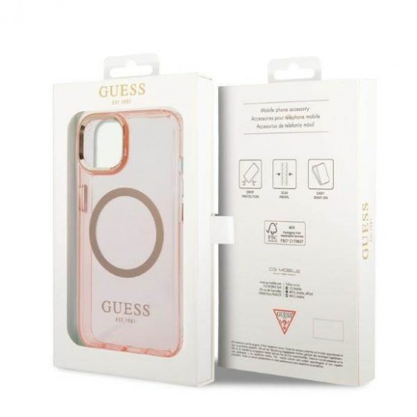 Guess GUHMP14SHTCMP Husă rigidă pentru iPhone 14 / 15 / 13 de 6,1" różowy/roz Gold Outline Translucent MagSafe