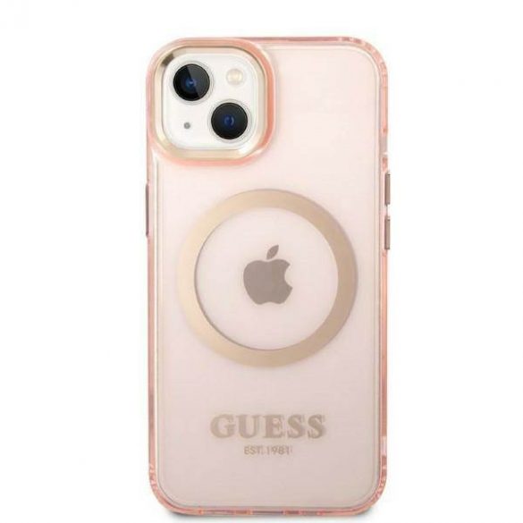 Guess GUHMP14MHTCMP Husă rigidă pentru iPhone 14 Plus / 15 Plus de 6,7" różowy/roz Gold Outline Translucent MagSafe