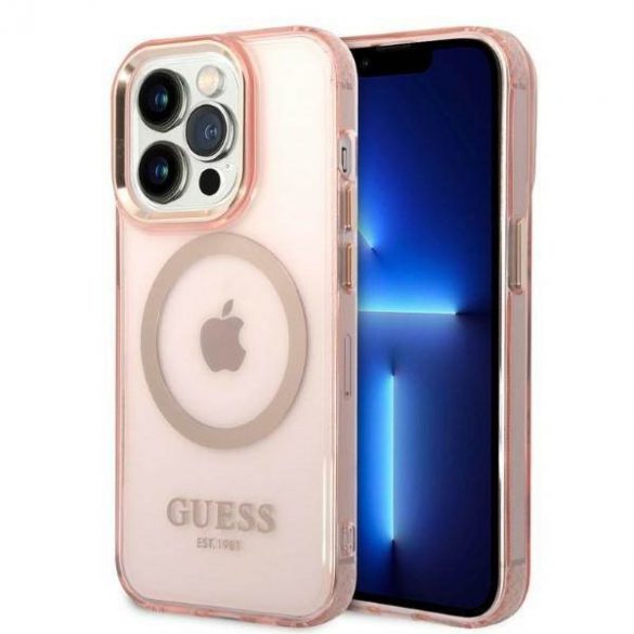 Guess GUHMP14LHTCMP Husă rigidă pentru iPhone 14 Pro 6,1" rożowy/roz Gold Outline Husă MagSafe translucidă