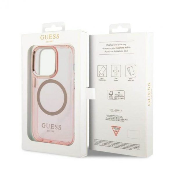 Guess GUHMP14LHTCMP Husă rigidă pentru iPhone 14 Pro 6,1" rożowy/roz Gold Outline Husă MagSafe translucidă