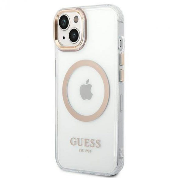 Guess GUHMP14SHTRMD Husă rigidă pentru iPhone 14/15/13 de 6,1 inchi/auriu Metal Outline Magsafe