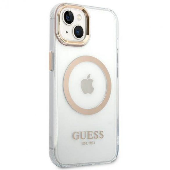 Guess GUHMP14SHTRMD Husă rigidă pentru iPhone 14/15/13 de 6,1 inchi/auriu Metal Outline Magsafe