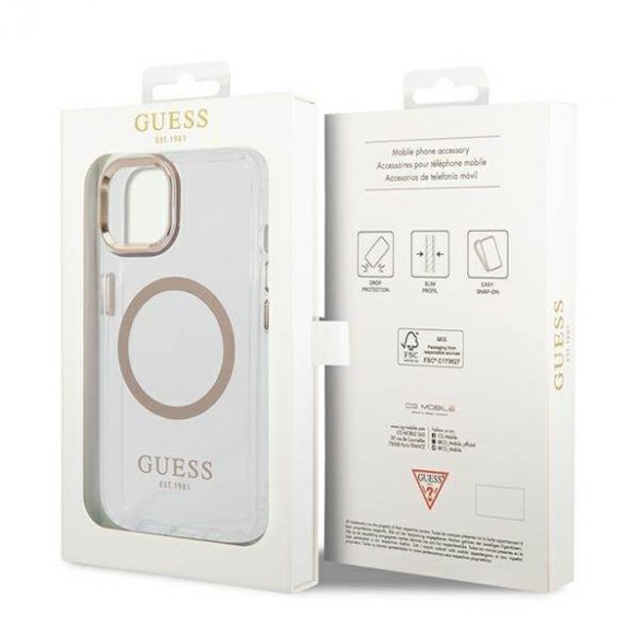 Guess GUHMP14SHTRMD Husă rigidă pentru iPhone 14/15/13 de 6,1 inchi/auriu Metal Outline Magsafe