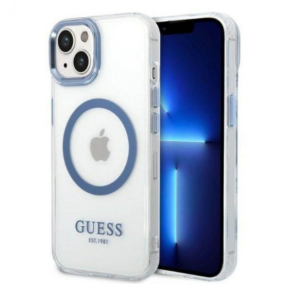 Guess GUHMP14MHTRMB iPhone 14 Plus / 15 Plus 6.7" niebieski/albastru husă rigidă Metal Outline Magsafe