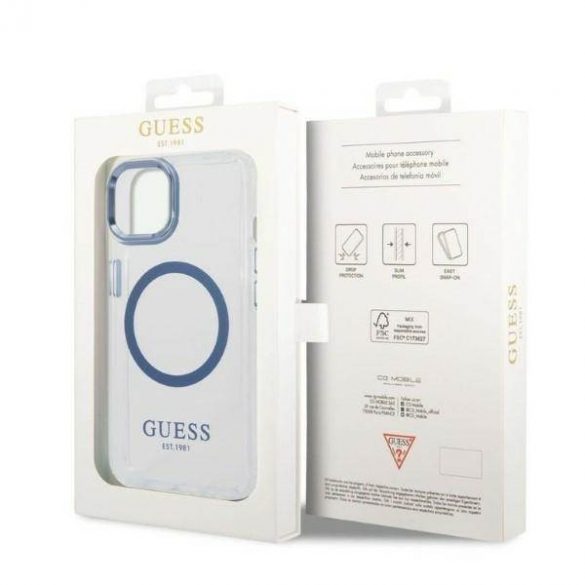 Guess GUHMP14MHTRMB iPhone 14 Plus / 15 Plus 6.7" niebieski/albastru husă rigidă Metal Outline Magsafe