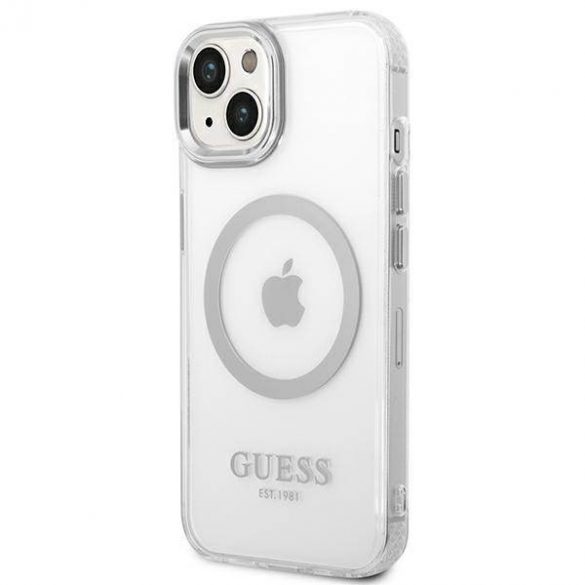 Guess GUHMP14SHTRMS husă rigidă pentru iPhone 14 / 15 / 13 de 6,1 inchi/argintiu Metal Outline Magsafe