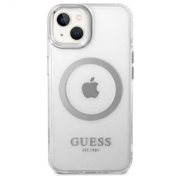 Guess GUHMP14SHTRMS husă rigidă pentru iPhone 14 / 15 / 13 de 6,1 inchi/argintiu Metal Outline Magsafe