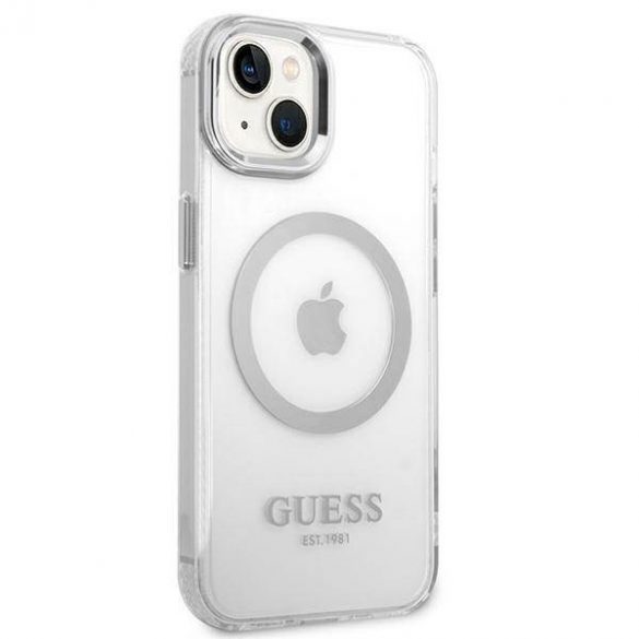 Guess GUHMP14SHTRMS husă rigidă pentru iPhone 14 / 15 / 13 de 6,1 inchi/argintiu Metal Outline Magsafe