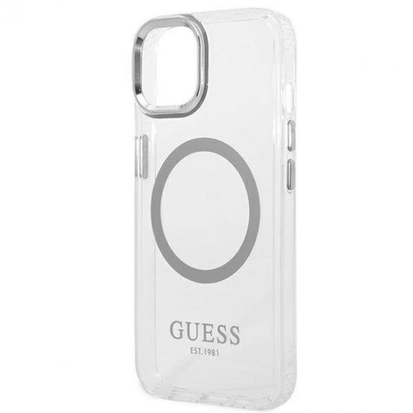 Guess GUHMP14SHTRMS husă rigidă pentru iPhone 14 / 15 / 13 de 6,1 inchi/argintiu Metal Outline Magsafe