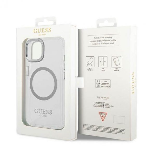 Guess GUHMP14SHTRMS husă rigidă pentru iPhone 14 / 15 / 13 de 6,1 inchi/argintiu Metal Outline Magsafe