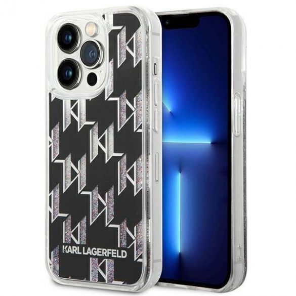 Karl Lagerfeld KLHCP14LLMNMK Husă rigidă pentru iPhone 14 Pro de 6,1 inchi, negru/negru, cu monogramă cu sclipici lichid