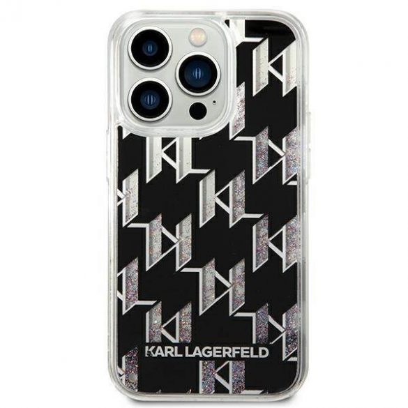 Karl Lagerfeld KLHCP14LLMNMK Husă rigidă pentru iPhone 14 Pro de 6,1 inchi, negru/negru, cu monogramă cu sclipici lichid