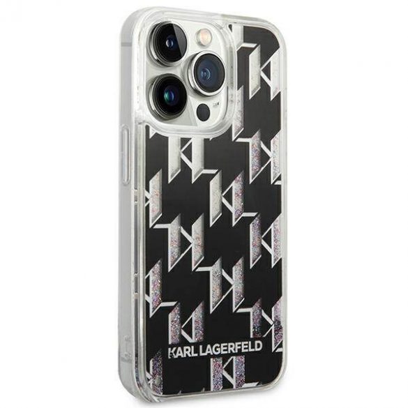 Karl Lagerfeld KLHCP14LLMNMK Husă rigidă pentru iPhone 14 Pro de 6,1 inchi, negru/negru, cu monogramă cu sclipici lichid