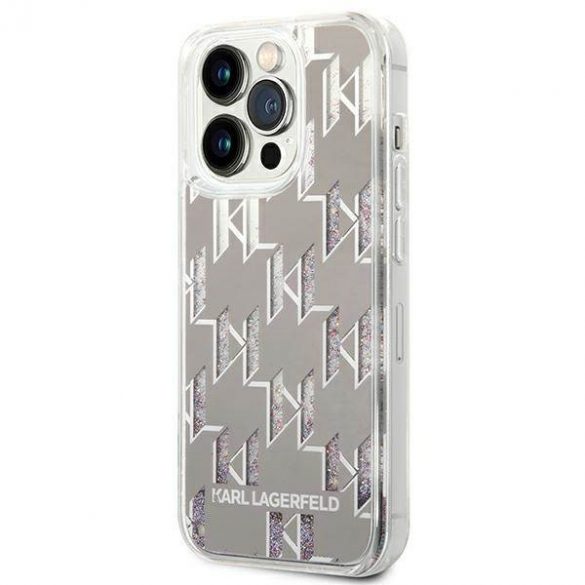 Karl Lagerfeld KLHCP14LLMNMS Husă rigidă pentru iPhone 14 Pro de 6,1 inchi, srebrny/argintiu, husă cu monogramă cu sclipici lichid