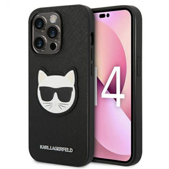 Karl Lagerfeld KLHCP14XSAPCHK Carcasă rigidă pentru iPhone 14 Pro Max de 6,7 inchi, negru/negru, Saffiano Choupette Head Patch