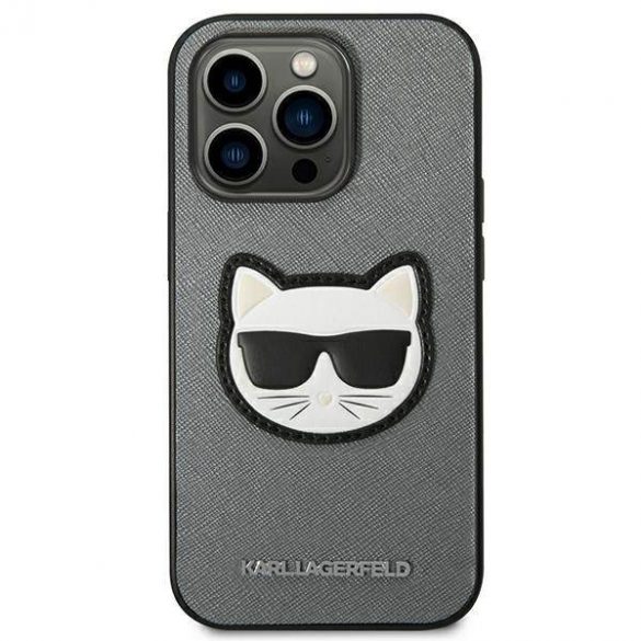 Karl Lagerfeld KLHCP14LSAPCHG Husă rigidă pentru iPhone 14 Pro de 6,1 inchi, srebrny/argintiu Saffiano Choupette Head Patch