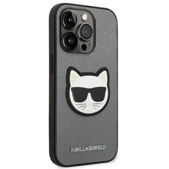 Karl Lagerfeld KLHCP14LSAPCHG Husă rigidă pentru iPhone 14 Pro de 6,1 inchi, srebrny/argintiu Saffiano Choupette Head Patch