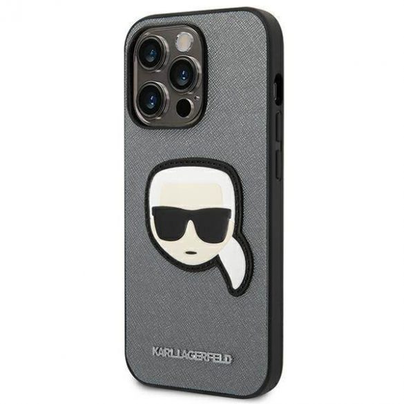 Karl Lagerfeld KLHCP14LSAPKHG iPhone 14 Pro 6,1" srebrny/argintiu husă rigidă Saffiano Karl's Head Patch