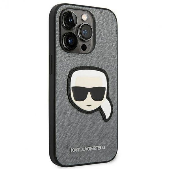 Karl Lagerfeld KLHCP14LSAPKHG iPhone 14 Pro 6,1" srebrny/argintiu husă rigidă Saffiano Karl's Head Patch