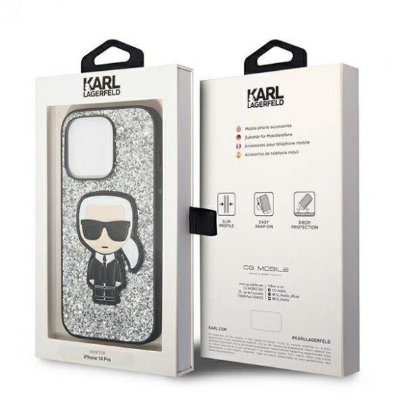 Karl Lagerfeld KLHCP14LGFKPG Husă rigidă pentru iPhone 14 Pro de 6,1 inchi, srebrny/argintiu, Husă Ikonik Glitter Flakes