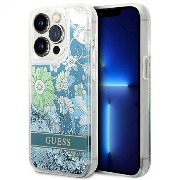 Guess GUHCP14LLFLSN iPhone 14 Pro 6,1" zielony/verde hardcase Husa Flower Liquid Glitter