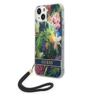 Guess GUOHCP14SHFLSB iPhone 14 / 15 / 13 6.1" niebieski/albastru hardcase curea cu flori