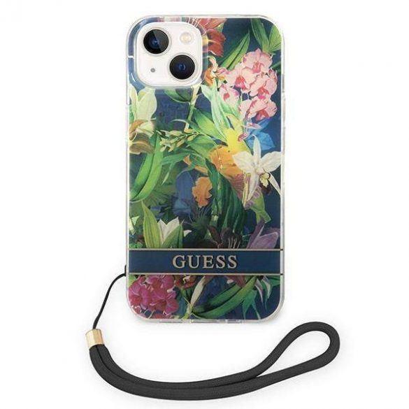 Guess GUOHCP14SHFLSB iPhone 14 / 15 / 13 6.1" niebieski/albastru hardcase curea cu flori