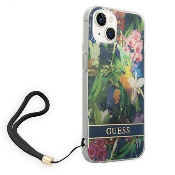 Guess GUOHCP14SHFLSB iPhone 14 / 15 / 13 6.1" niebieski/albastru hardcase curea cu flori