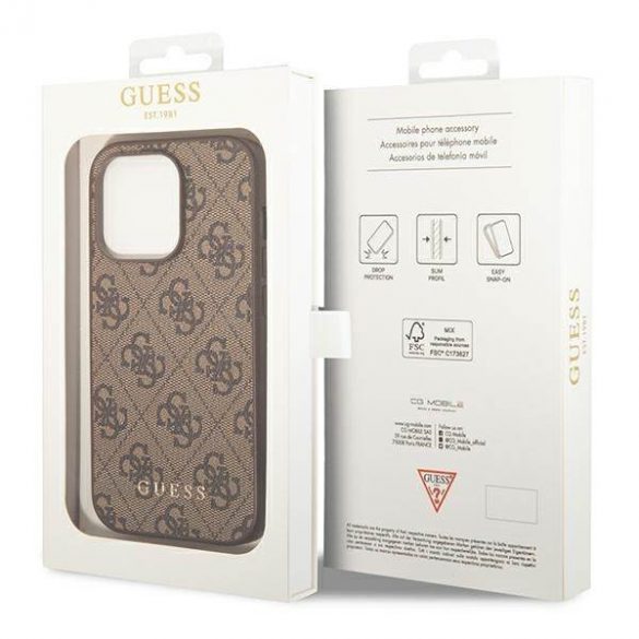 Guess GUHCP14LG4GFBR Husă rigidă brązowy/maro pentru iPhone 14 Pro 6,1" 4G Metal Gold Logo