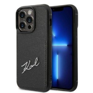 Karl Lagerfeld KLHCP14LCSSK Carcasă rigidă pentru iPhone 14 Pro de 6,1 inchi, negru/negru, cu logo Signature Husă pentru carduri