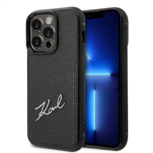 Karl Lagerfeld KLHCP14LCSSK Carcasă rigidă pentru iPhone 14 Pro de 6,1 inchi, negru/negru, cu logo Signature Husă pentru carduri