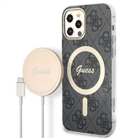 Husă Zestaw Guess GUBPP12MH4EACSK+ încărcător pentru iPhone 12/12 Pro carcasă rigidă czarny/neagră 4G Print MagSafe