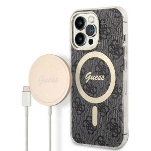 Husă Zestaw Guess GUBPP13LH4EACSK+ încărcător pentru iPhone 13 Pro carcasă rigidă czarny/neagră 4G Print MagSafe