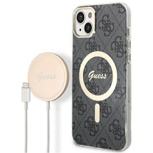 Zestaw Guess GUBPP14SH4EACSK Husă+ Încărcător iPhone 14 / 15 / 13 6,1" carcasă rigidă czarny/neagră 4G Print MagSafe