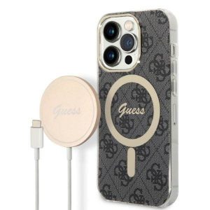 Husă Zestaw Guess GUBPP14LH4EACSK+ Încărcător iPhone 14 Pro 6,1" husă rigidă neagră/czarny 4G Print MagSafe