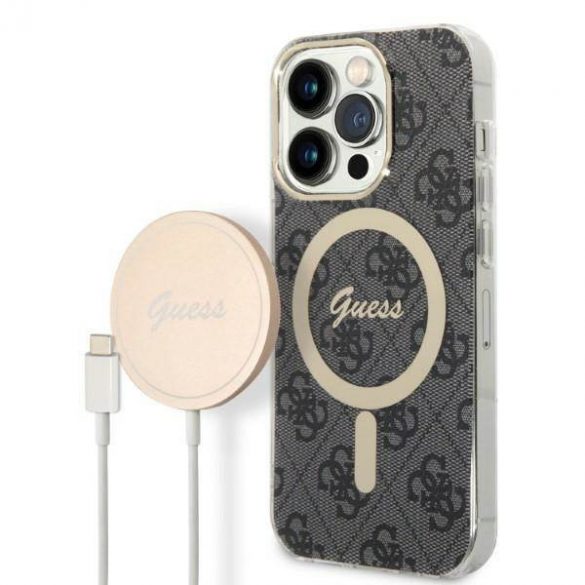 Husă Zestaw Guess GUBPP14XH4EACSK+ încărcător iPhone 14 Pro Max 6,7" carcasă rigidă neagră/czarny 4G Print MagSafe