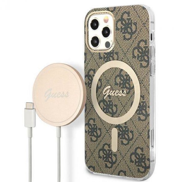 Husă Zestaw Guess GUBPP12MH4EACSW+ încărcător iPhone 12/12 Pro husă dur maro/brązowy 4G Print MagSafe