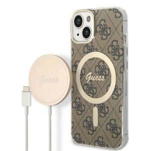 Zestaw Guess GUBPP14SH4EACSW Husă+ Încărcător iPhone 14 / 15 / 13 6,1" husă dur maro/brązowy 4G Print MagSafe