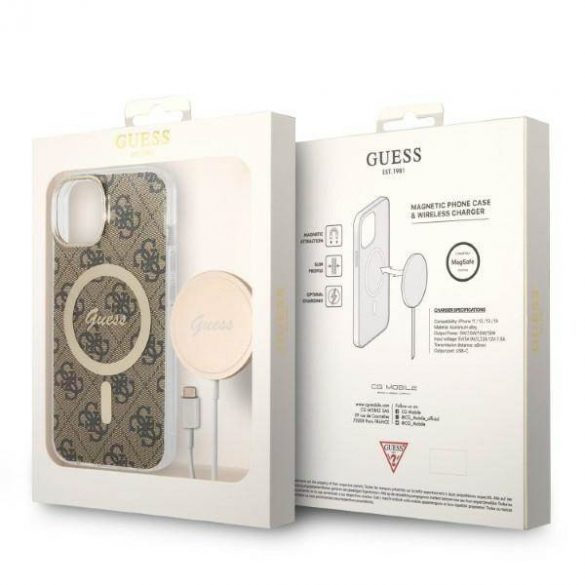 Zestaw Guess GUBPP14SH4EACSW Husă+ Încărcător iPhone 14 / 15 / 13 6,1" husă dur maro/brązowy 4G Print MagSafe