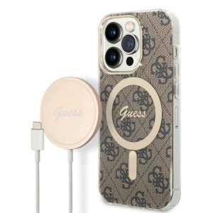 Husă Zestaw Guess GUBPP14LH4EACSW+ Încărcător iPhone 14 Pro 6,1" husă dur maro/brązowy 4G Print MagSafe