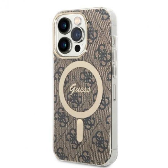 Husă Zestaw Guess GUBPP14LH4EACSW+ Încărcător iPhone 14 Pro 6,1" husă dur maro/brązowy 4G Print MagSafe