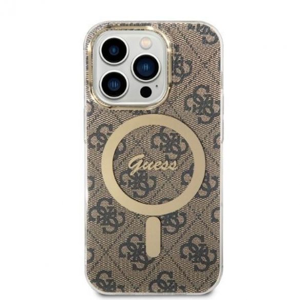 Husă Zestaw Guess GUBPP14LH4EACSW+ Încărcător iPhone 14 Pro 6,1" husă dur maro/brązowy 4G Print MagSafe